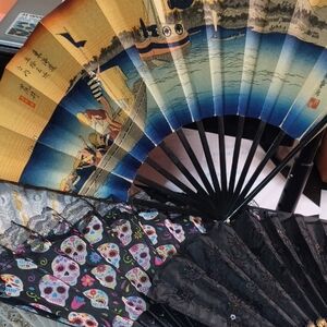 Decorative Hand Fans - Blue Scenic & Black Sugar Skull Designs